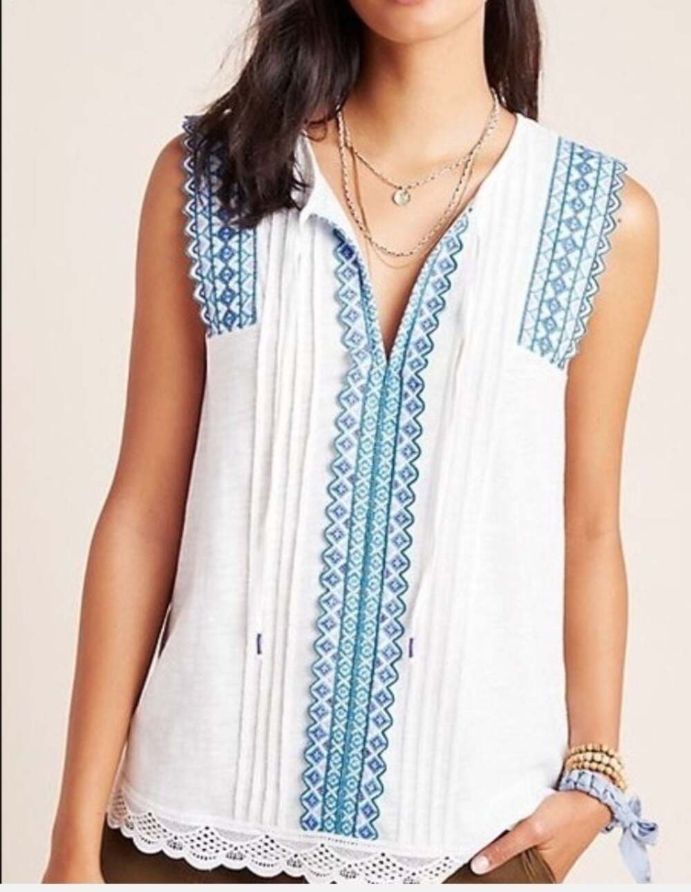 Anthropologie Sigrid Embroidered Tank Top White Blue Boho Lace Medium